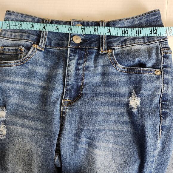 No Boundaries Junior Distressed Flare Leg Raw Hem Double Button Jeans SZ 3 Blue - Picture 8 of 11